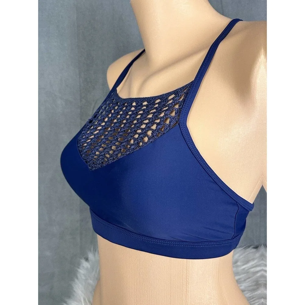 New Uniquely Lorna Jane Bikini Top Size Small Padded Navy Blue Crochet Smiley - Image 3