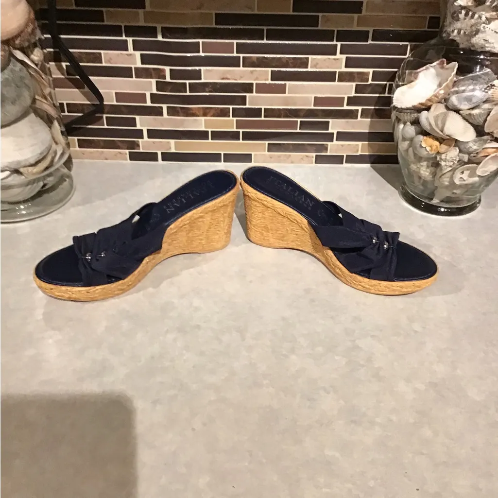 Italian Shoemakers Wedge Open Toe Embellished Sandals Navy Blue Made in Italy 6 - Image 13