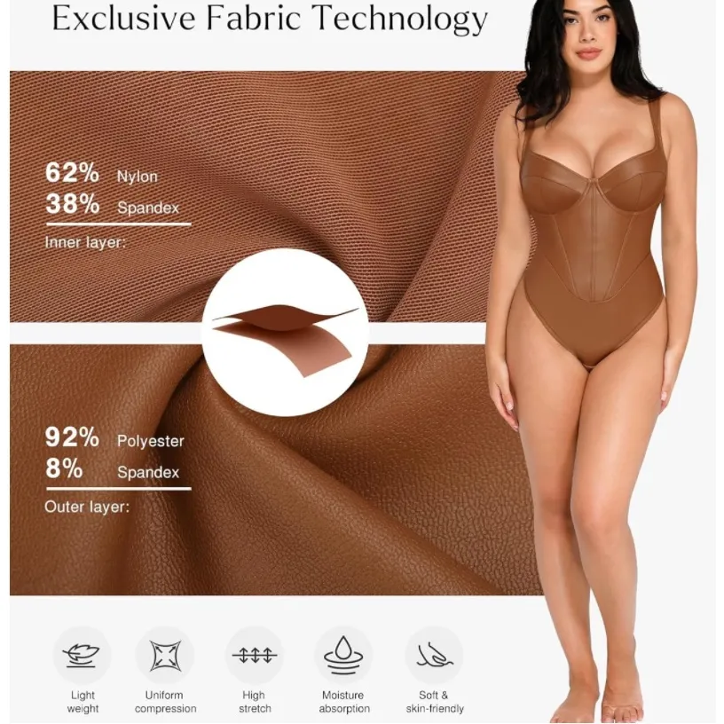 NWT Popilush Leather Corset Bodysuit V Neck Thong Shapewear Top XL Brown - Image 4