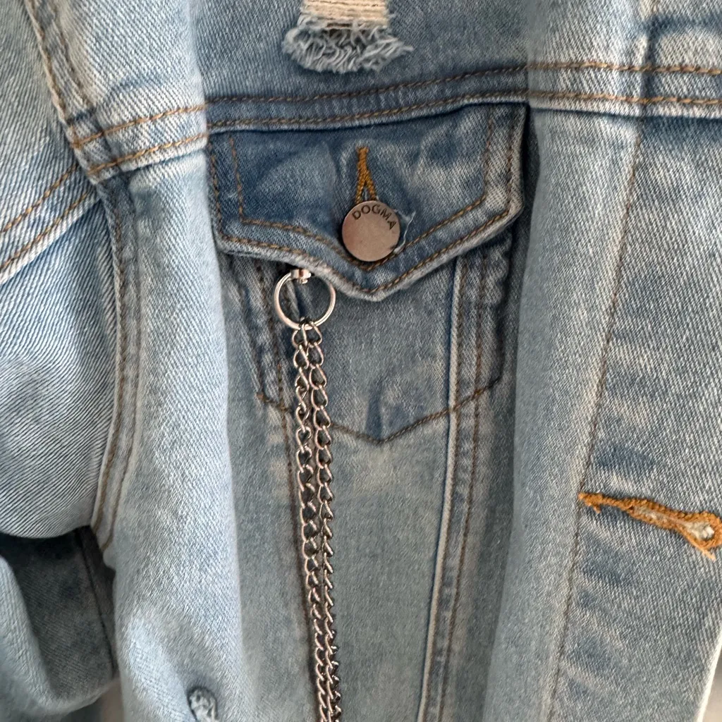 Distressed Denim Jacket with Chains Blue - Image 3