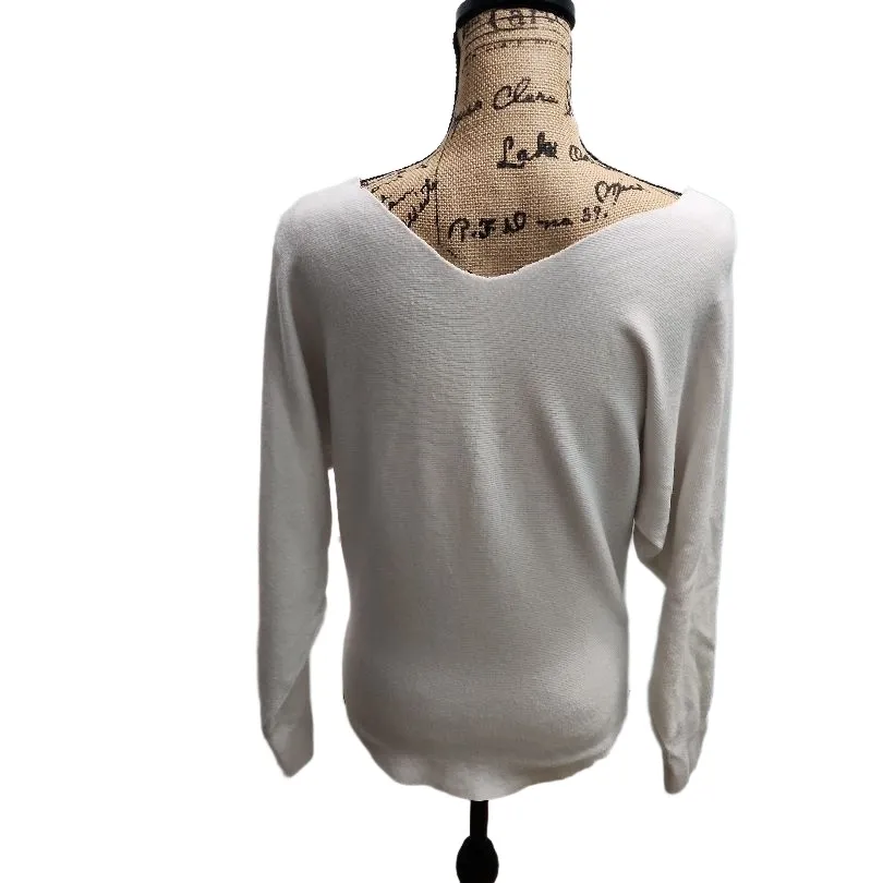 Womens Sweater Light Beige V Neck Relaxed Fit Curved Hem‎ Cozy Minimalist XL - Image 3