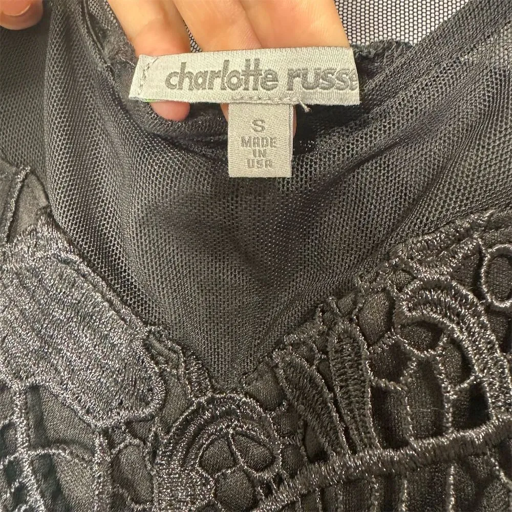 VTG Charlotte Russe Sheer Mesh Floral Lace Top Black LongSleeve Cropped Top Rave - Image 7