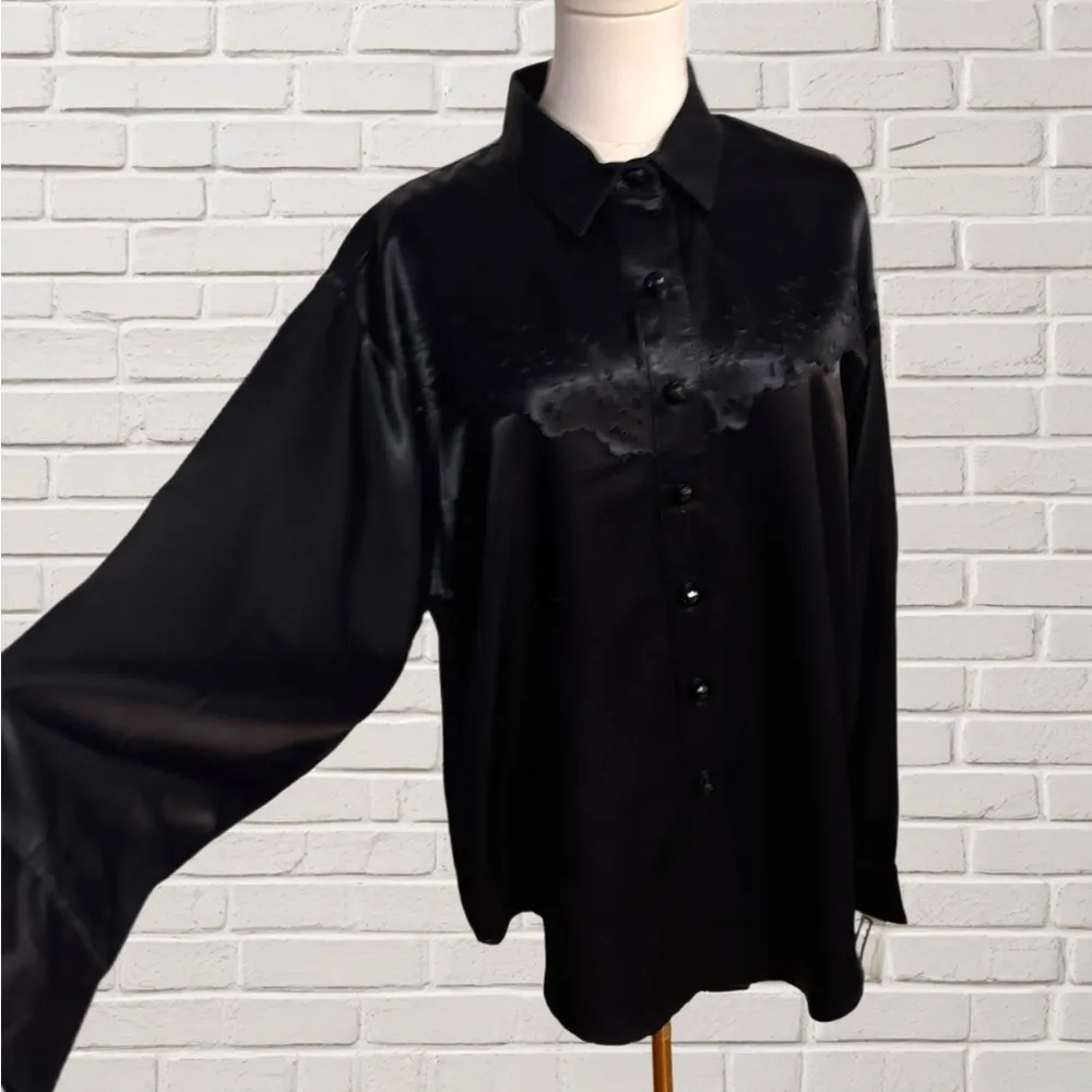 Vintage Panhandle Slim Black Western Shirt Floral Satin Yoke USA Made Size Large - Image 2