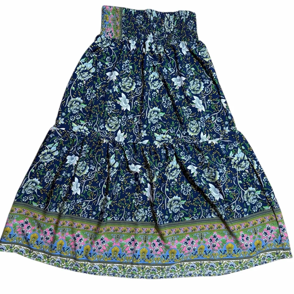 Bohemian Floral Border Print Maxi Skirt Size L NWT Smocked Waist Hippie Blue Size L - Image 6