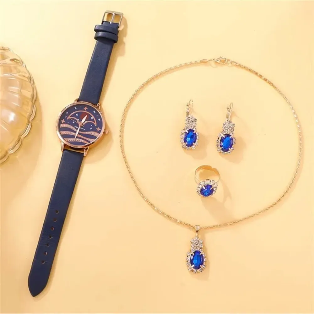 5pcs Set Women Fashion Quartz Watch Female Clock Moon Dial Luxury Brand Design Blue - Image 4