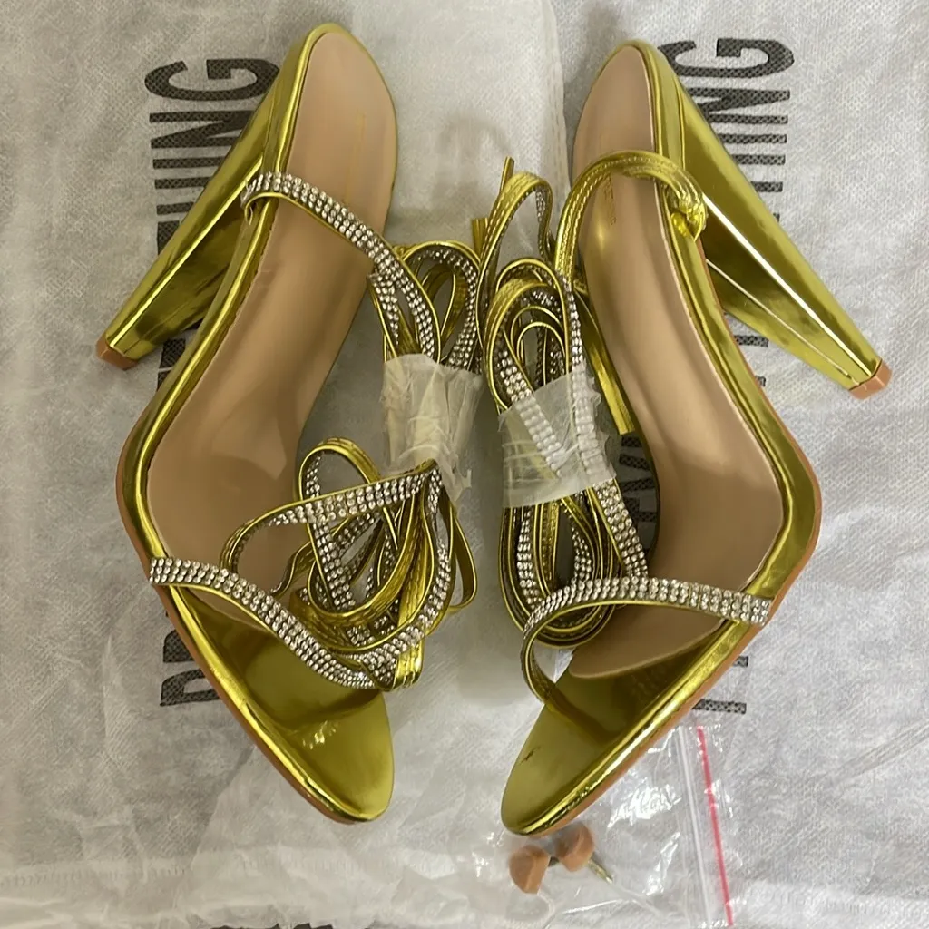 PrettyLittleThings‎ GOLD DIAMANTE LACE UP CONE HEELS size 5 - Image 3