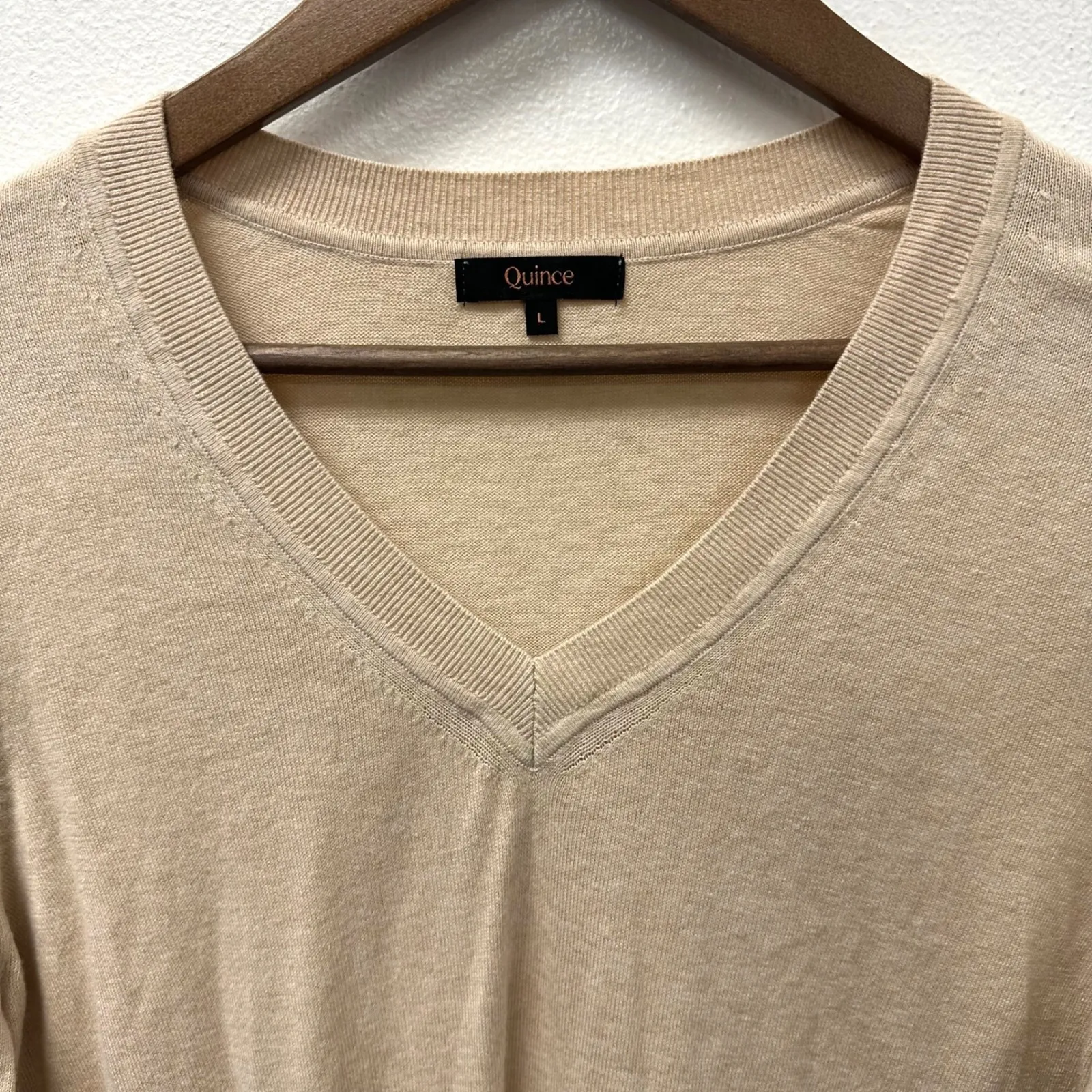 Quince Lightweight Cotton V-Neck Cashmere Blend Sweater Oatmeal L - Image 2