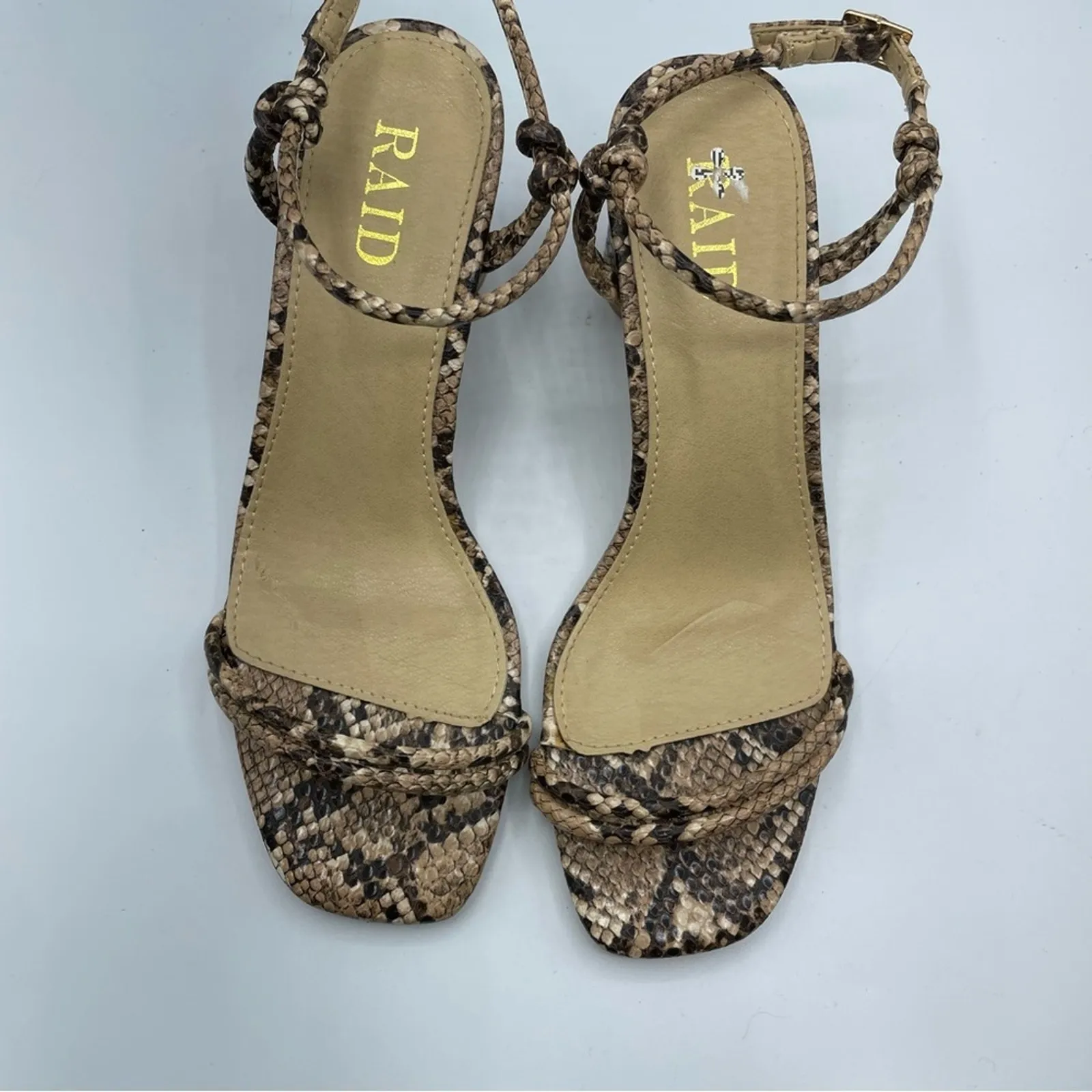 Raid Beige Snake Embossed Square Toe Chunky Heel Sandals Womens 36 Faux Leather - Image 12