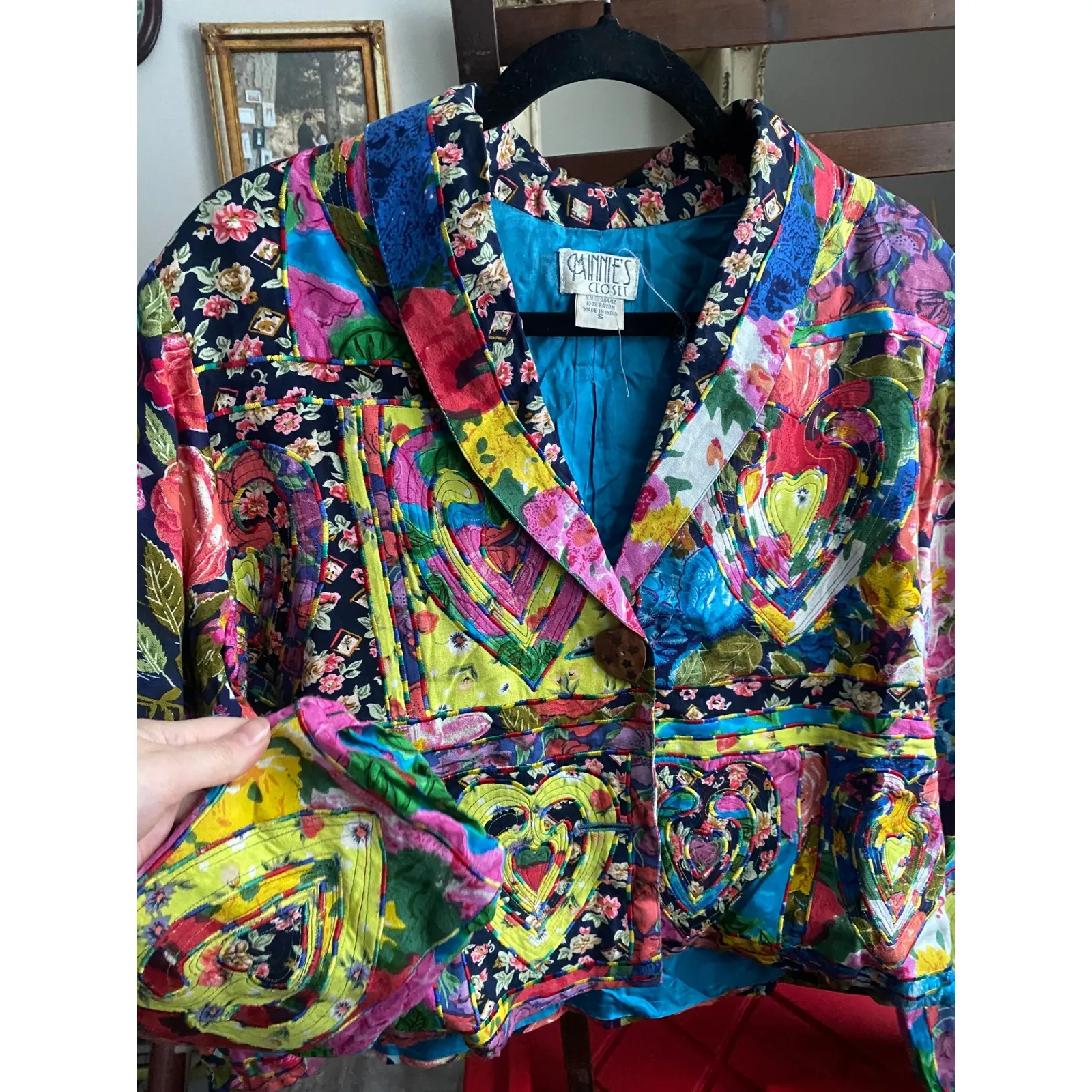Vintage 1980's Patchwork Floral Heart Blazer Jacket Small Artsy Bohemian Folksy Blue - Image 3