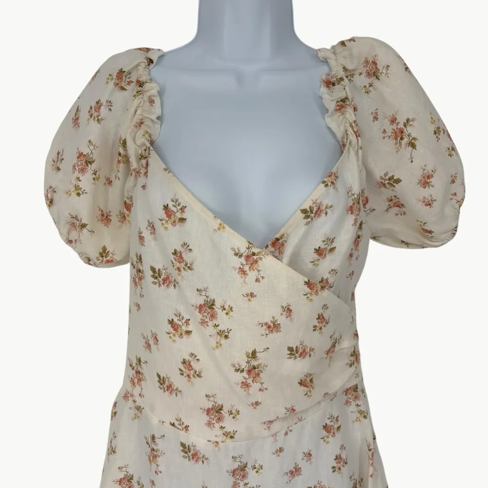 Reformation Bowie Linen Puff Sleeve Mini Dress | Sz 8 | Ivory Mildred Floral - Image 6