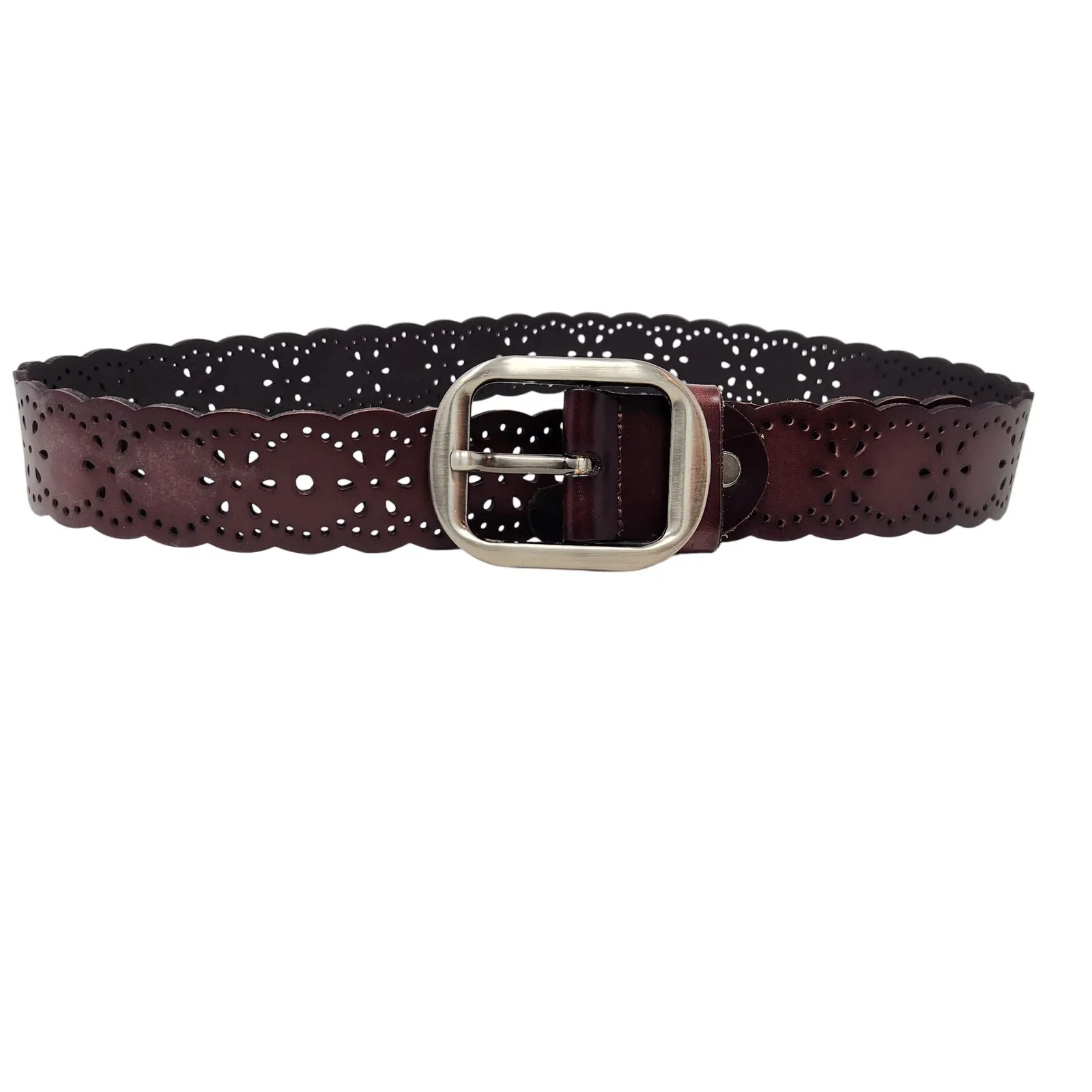 Brown Leather Hollow Out Decorative Travel Western Boho Buckle Belt Size Large - Image 2