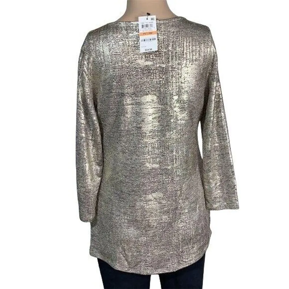 JM Collection Womens Blouse Top Space Dye Zipper Metallic Gold Foil Petite Small - Image 4