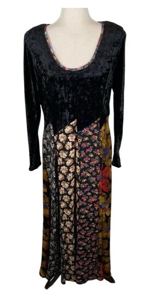 Vintage Handmade Patchwork Whimsygoth Hippie Maxi Dress Long Sleeve Velvet - Image 1
