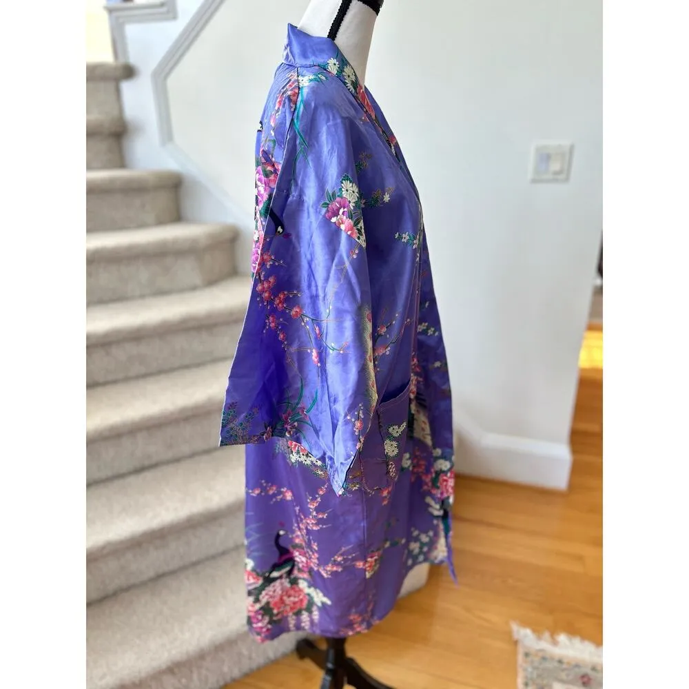 Vintage Purple Satin Peacock & Pink Lotus Open Kimono Robe Size undefined - Image 4