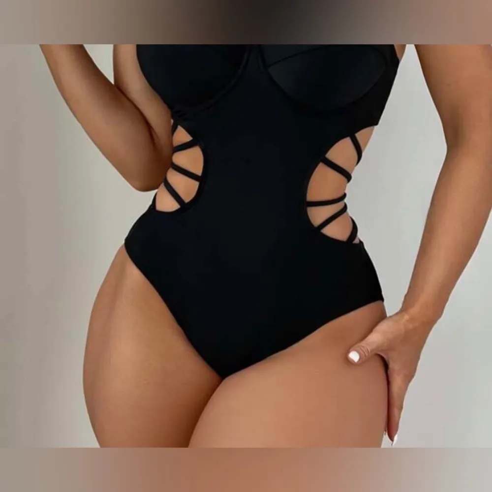 Yoins Yours Inspiration Women’s Solid Black Silky One Piece Bathing Suit Size L - Image 2