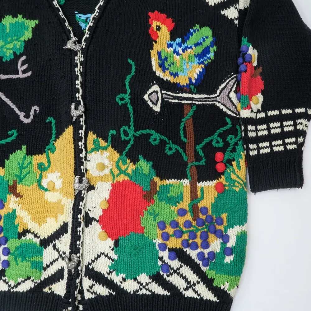 Vintage 90s Just Better Sweater designs by Lisa Coufal Rooster Cardigan Sweater Black Size XL - Image 7