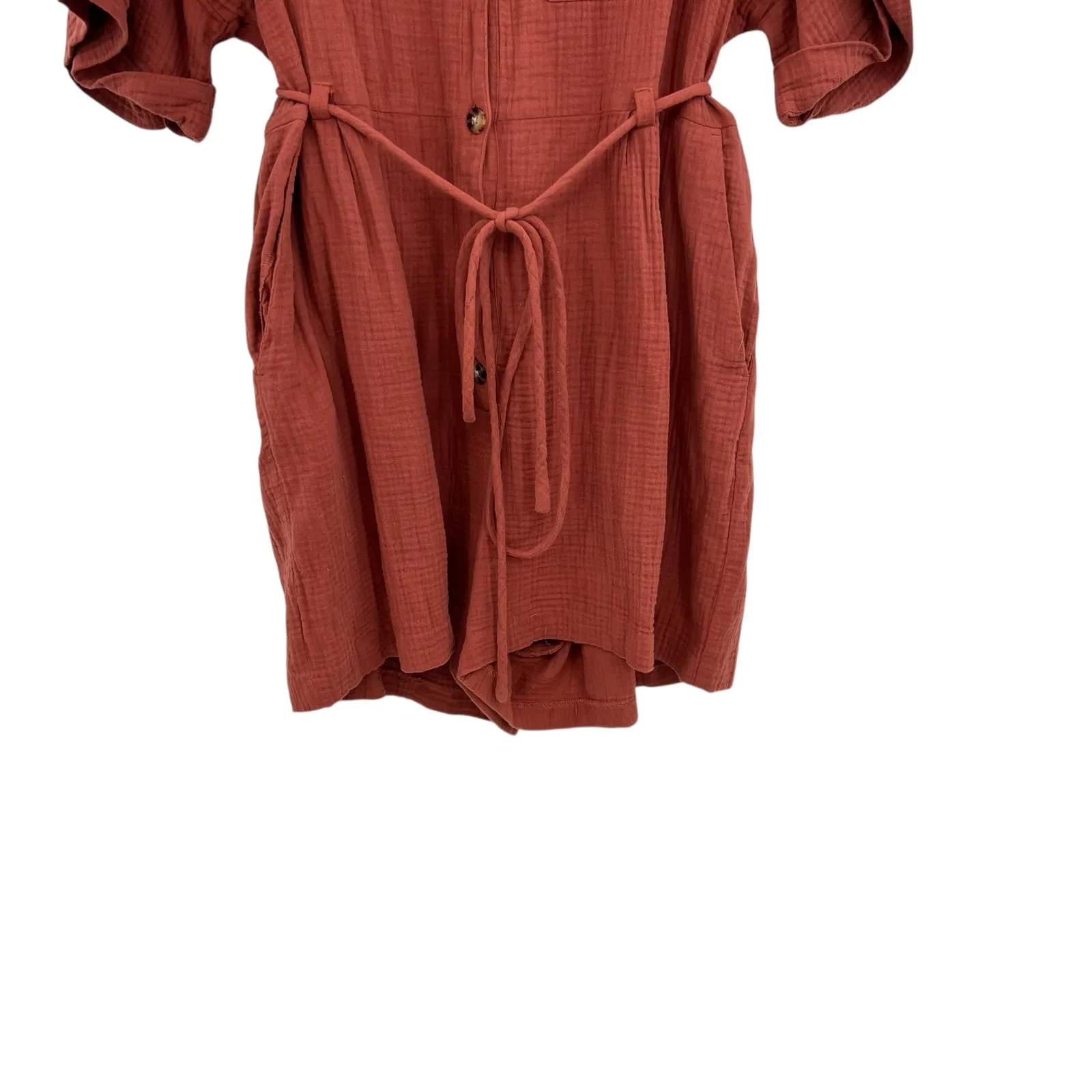 Madewell Lightspun Belted Safari‎ Romper Shorts Short Sleeve Gauze Rust Size XL - Image 7