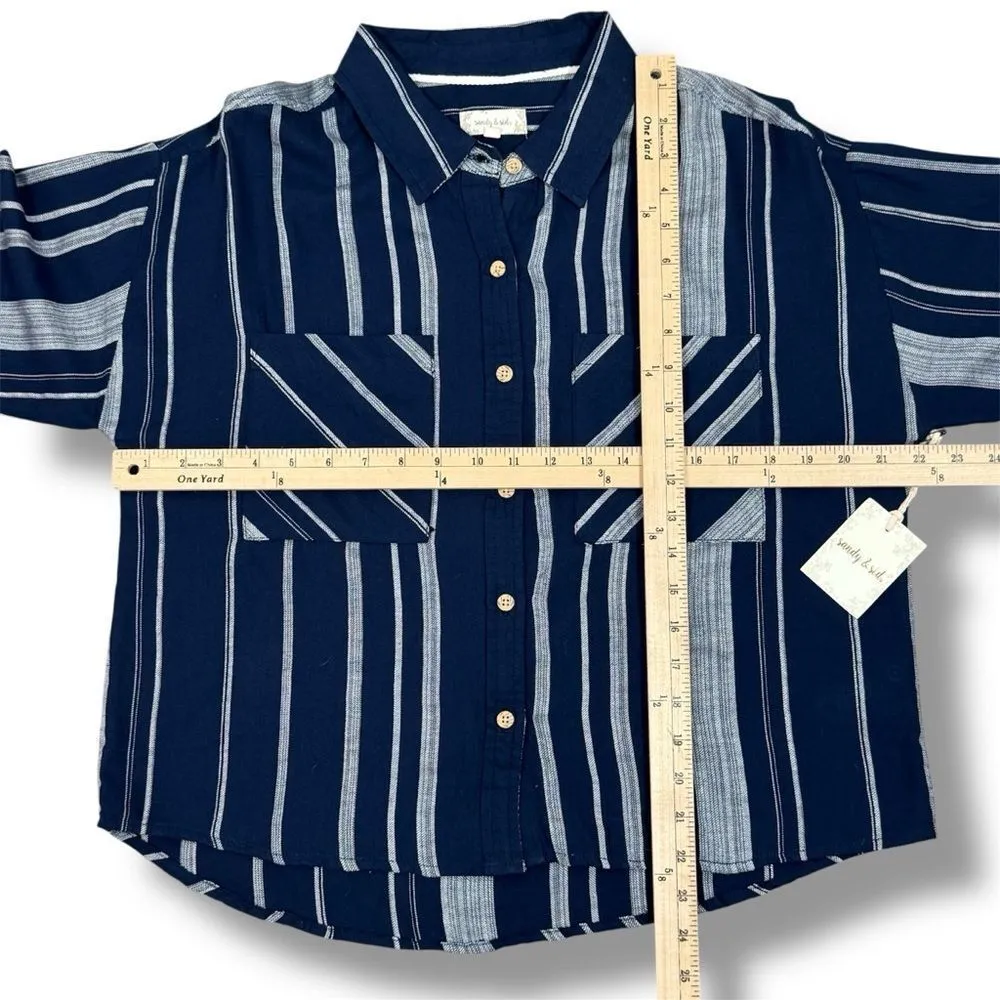 Sandy & Sid Striped Long Sleeve Button Up Crop Shirt Blue White Large - Image 11