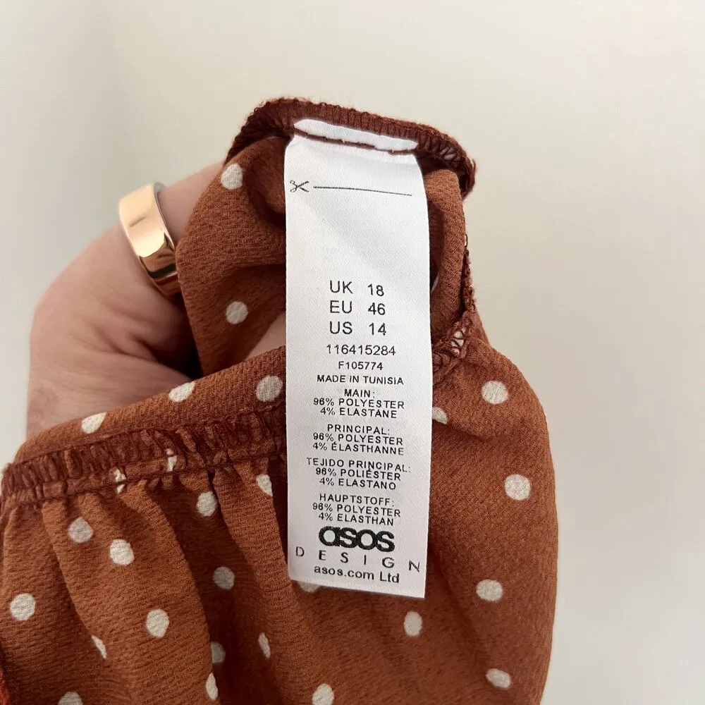 [ASOS] Brown White Polka Dot Print Babydoll Shirred Puff Sleeve Mini Dress Sz 14 - Image 11