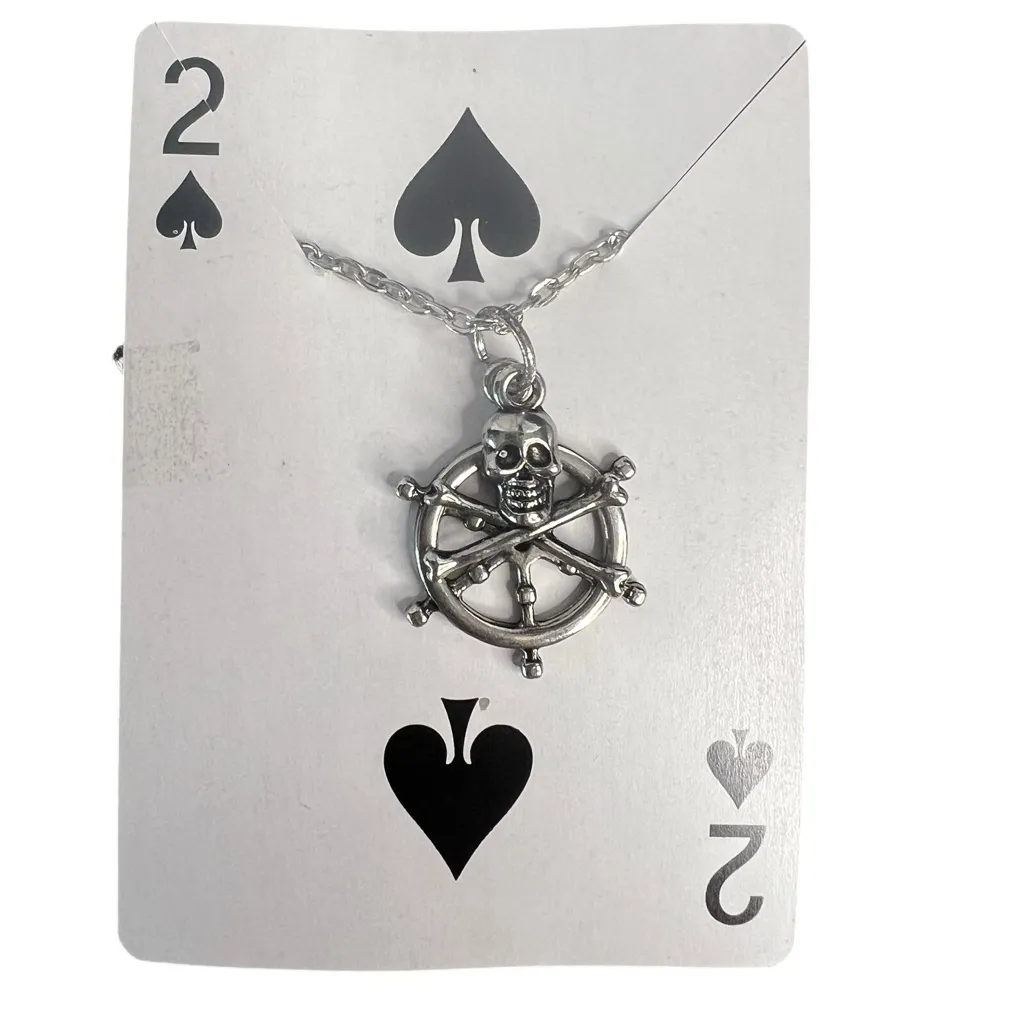 PIRATE JOLLY ROGER SHIP WHEEL NECKLACE SILVER TONE METAL 12 - Image 5