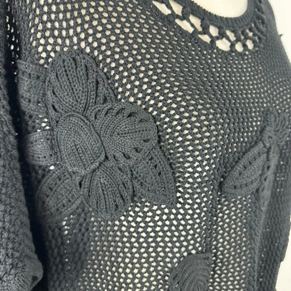 New Chico's Black Floral Crochet Applique Open Knit Short Sleeve Sweater Size XL - Image 2