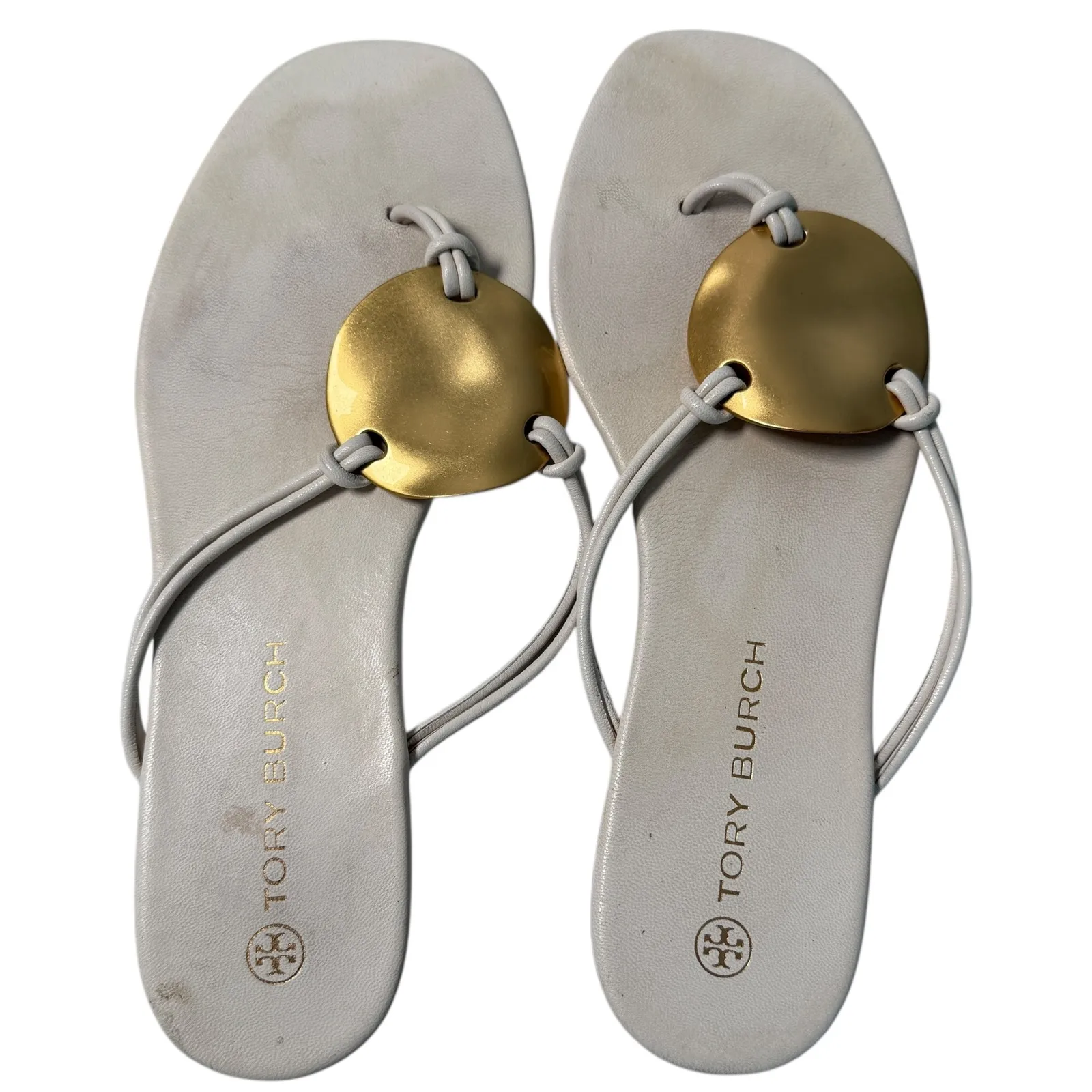 Tory Burch Patos Disk Leather Sandal Ivory Leather Gold Logo White Thong Size 8M - Image 3