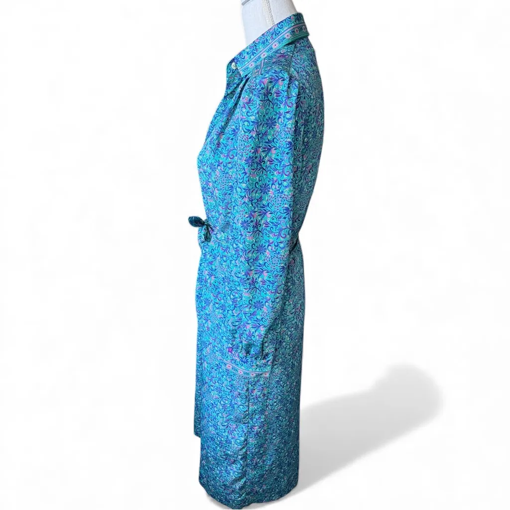 Vintage 80’e Blue Floral belted midi dress Womens size 8 collared button down - Image 5