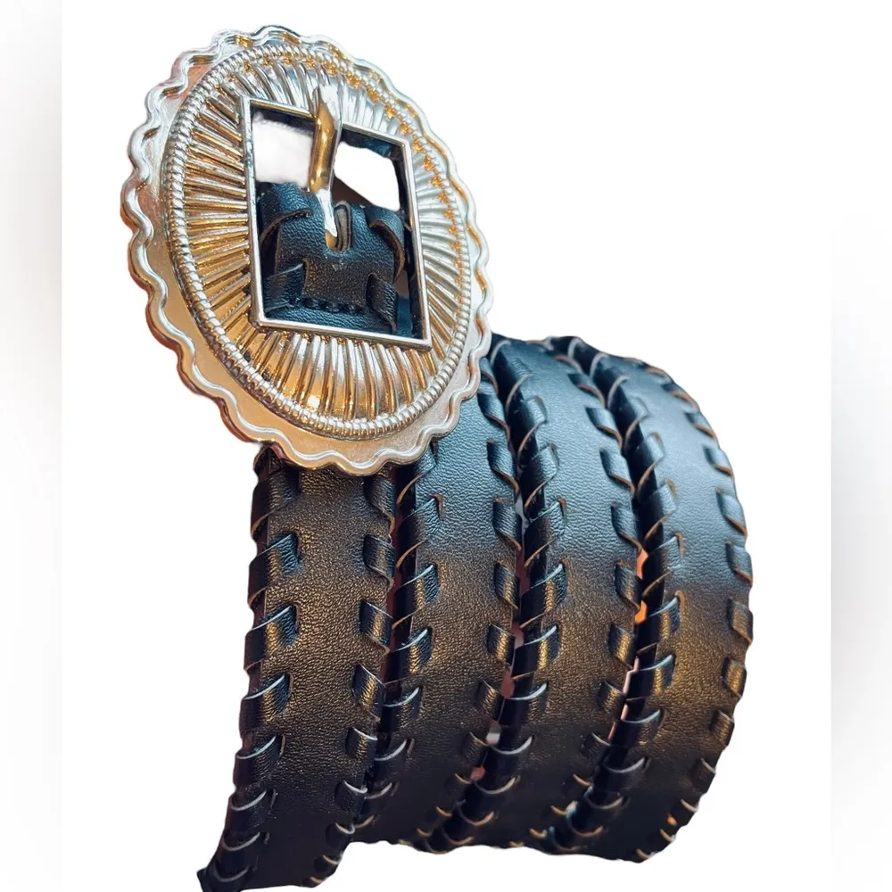 Silver Concho Black Faux Leather Southwestern Western Country Boho Braided Belt - Image 2