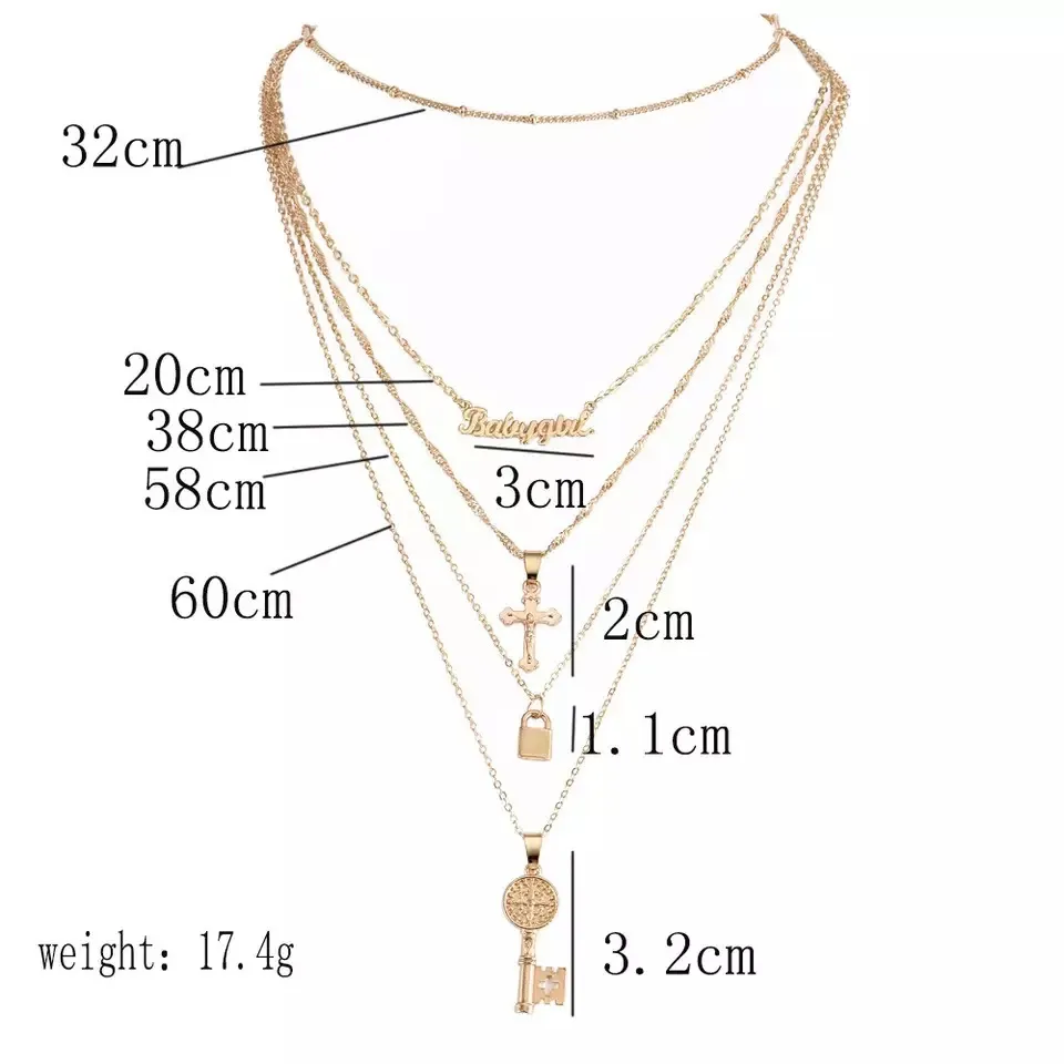Boutique Lock Key Cross Pendant Multilayered Chain Necklace  - Image 5