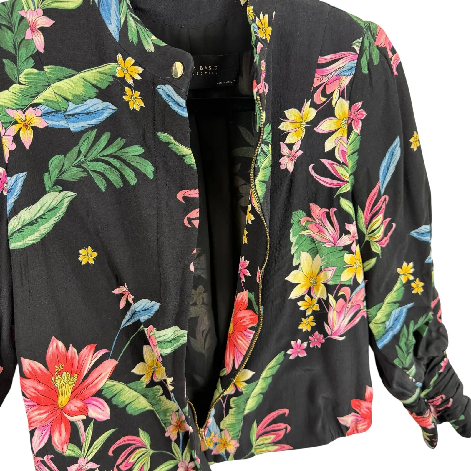 ZARA Basic Collection Black Colorful Floral Zip Up Lightweight Cropped Jacket XS - Image 4