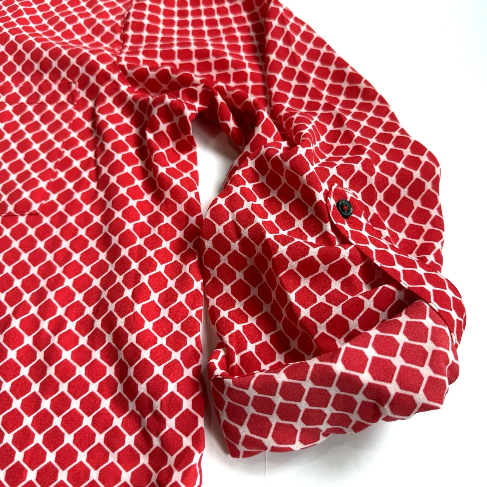 Chaus Oxford Top Women M 8 10 Red White Geometric Print Roll Tab Sleeves Work - Image 4