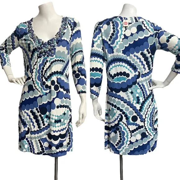 Boden Womens Bubble Dots Print Shift Beaded Dress Knit Stretch Sz 6 VNeck Jersey - Image 2