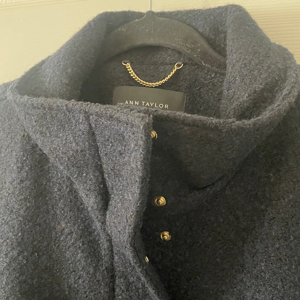 ANN TAYLOR Navy Blue Wool Blend Zip Up Trench Jacket Size Large Deep Pockets - Image 2