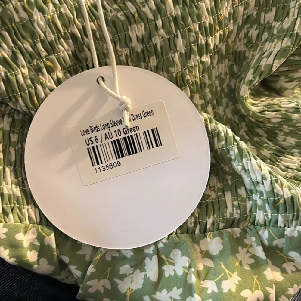 Princess Polly Love Birds Long Sleeve Mini Dress Sz 6 Green Floral Puff Sleeve - Image 7