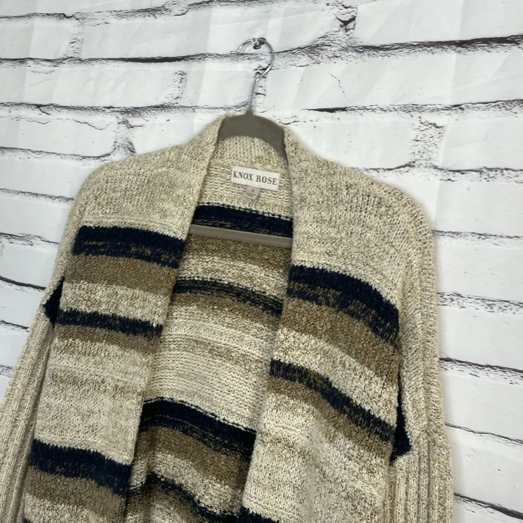 Knox Rose Striped Open Front Cardigan Women’s Small Beige Navy Pocket Sweater - Image 7