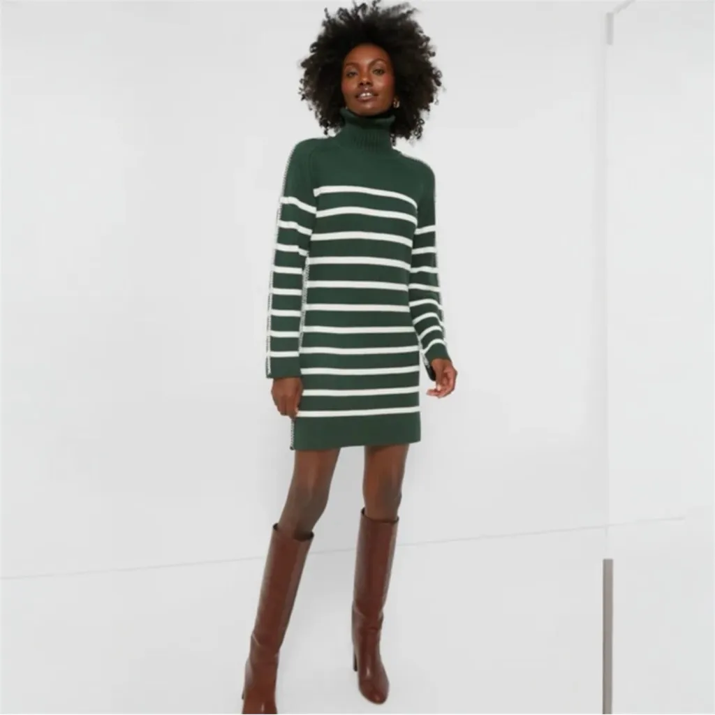 Tuckernuck Hyacinth House Striped Emsley Mini Sweater Dress Pine Green White XXL - Image 3
