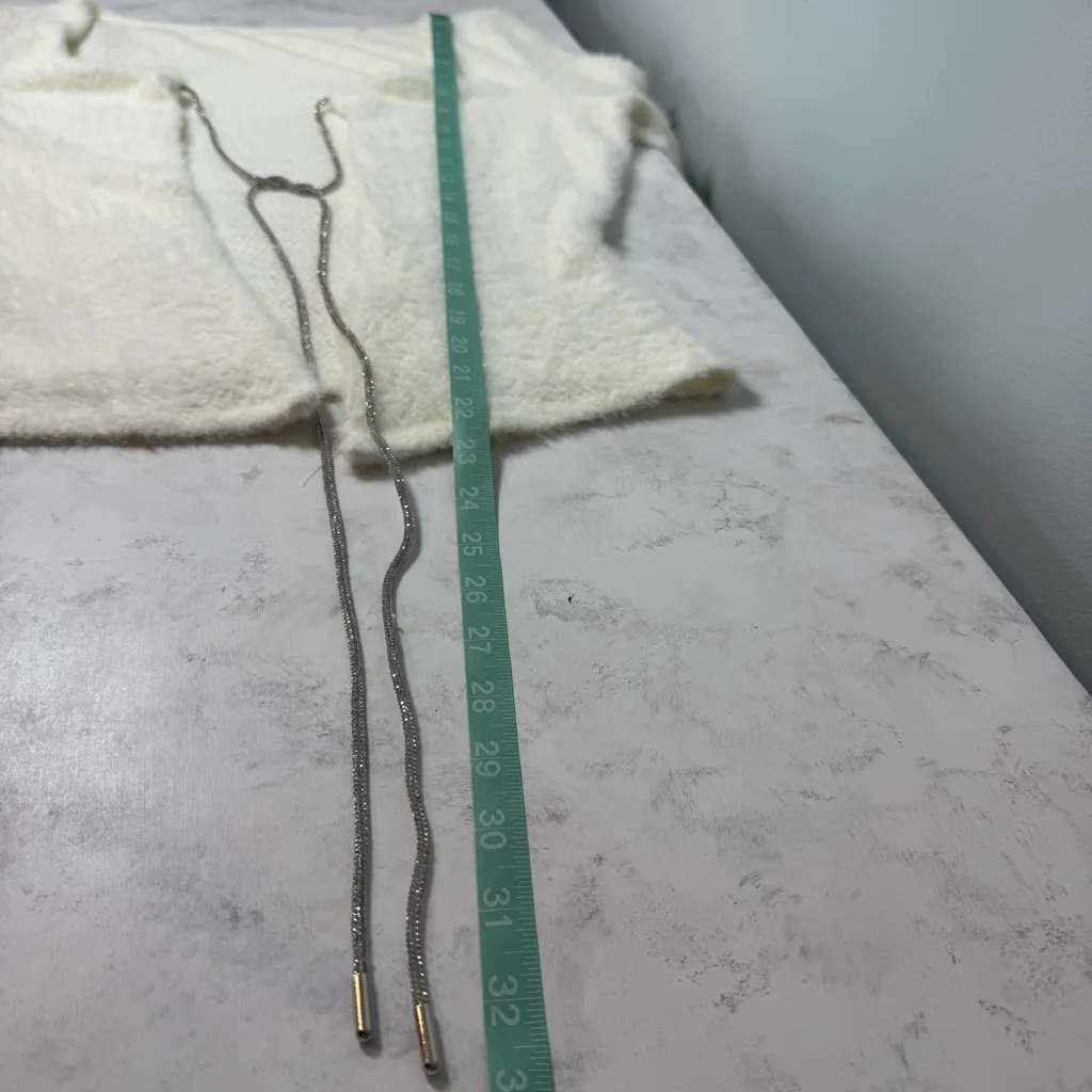 Women's White Fuzzy Cardigan Size M Silver Rhinestone Sparkle Bow Tie Size M - Image 4