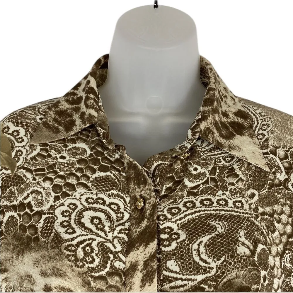 St. John  Silk Tan Long Sleeve Button up Down Blouse W/ Gold Tone Buttons Sz 4 - Image 3