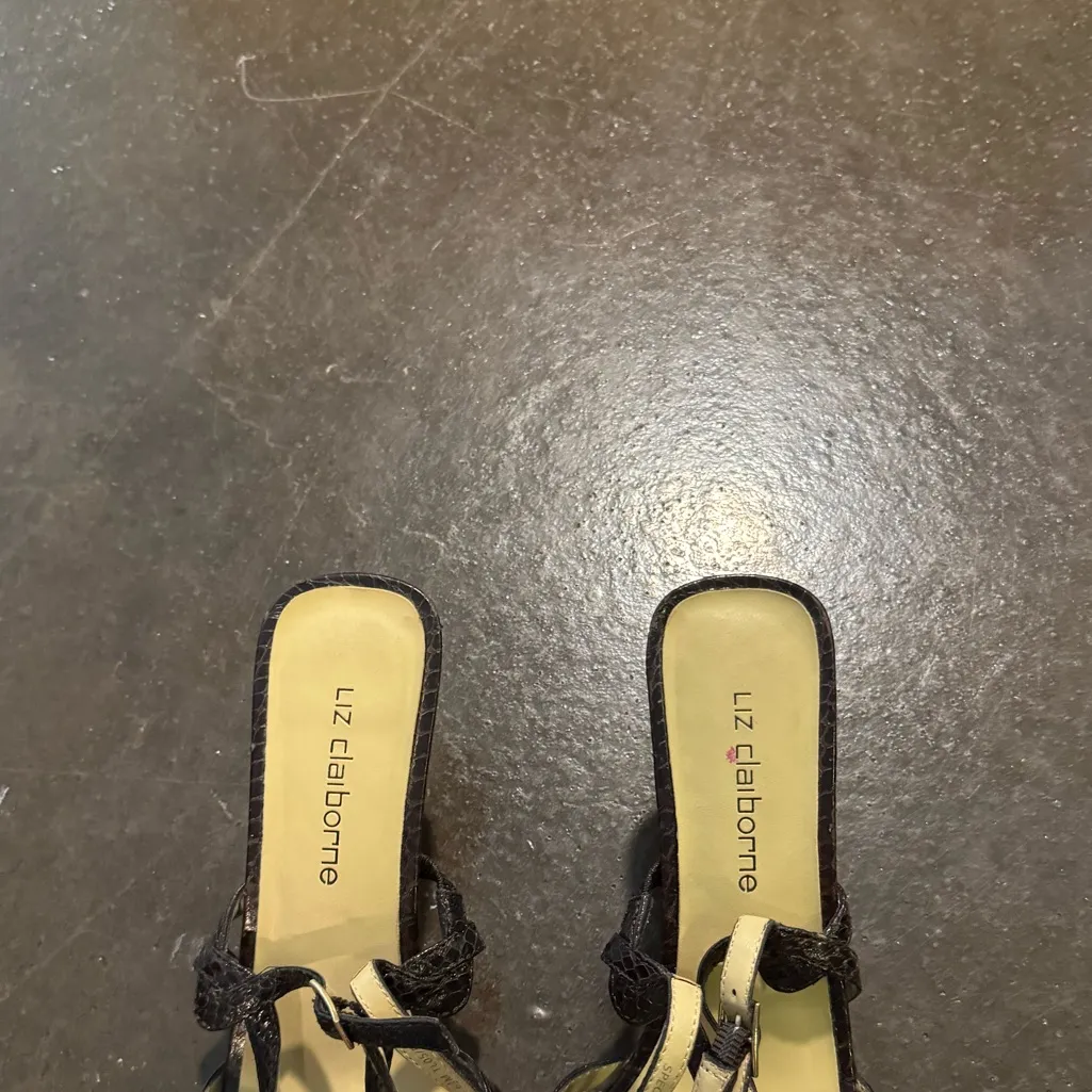 Vintage Liz Claiborne Brown Faux Snakeskin Strappy Kitten Heel Sandals - Image 2