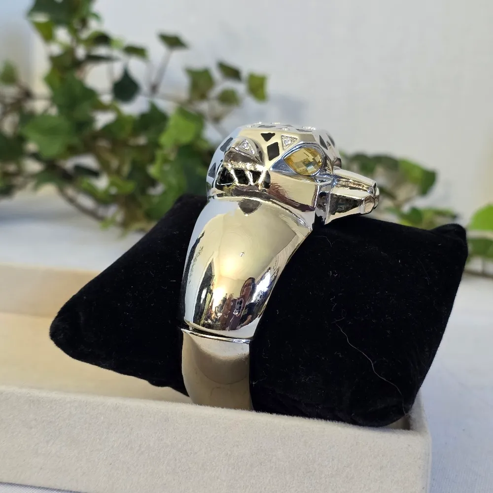 Vintage Statement Clamper Hinge Bracelet Silver CZ Panther - Image 2