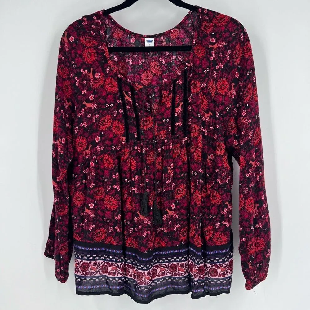 Old Navy Womens Floral Boho Tie Neck Long Sleeve Blouse‎ Deer Size Large - Image 3