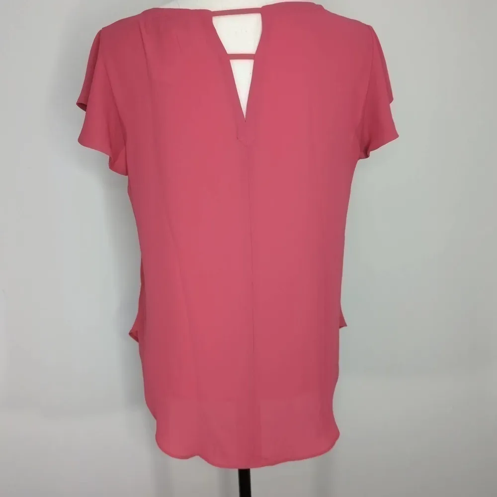 LOFT‎ Womens Blouse Hi-Lo Short Ruffle Sleeve Cut-Out Back Round Neck Pink S - Image 3