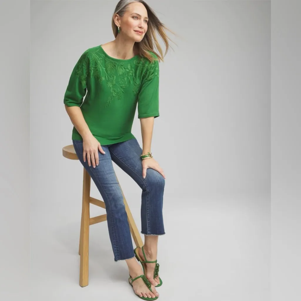 NWT Chico's Vibrant Green Embroidered Dolman Pullover Sweater Top Size 1/M - Image 8