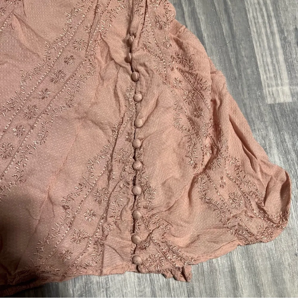 Free People Pink Embroidered Trapeze Long Sleeves Viscose V- Neck Tunic; XS - Image 5