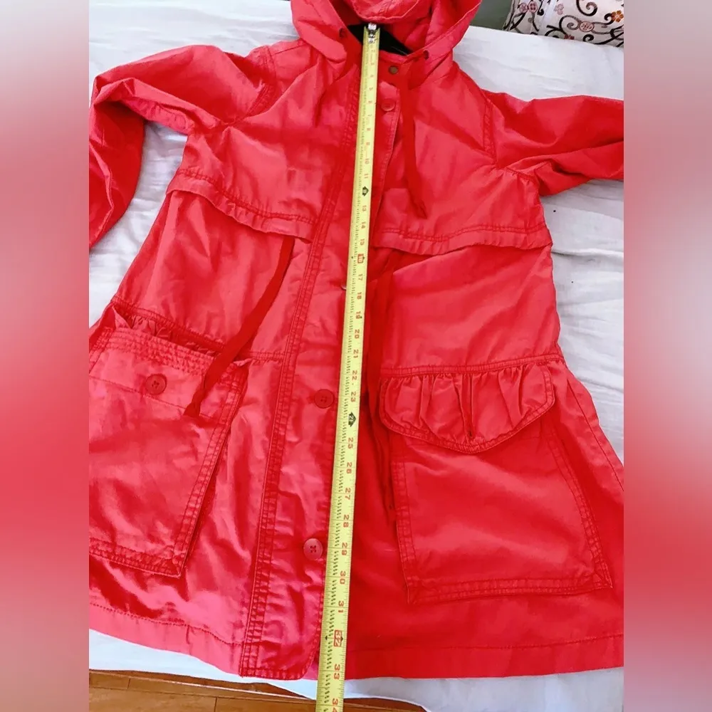 Bright Red Mid Length Light hooded rain boho Jacket size S cottage Core - Image 6