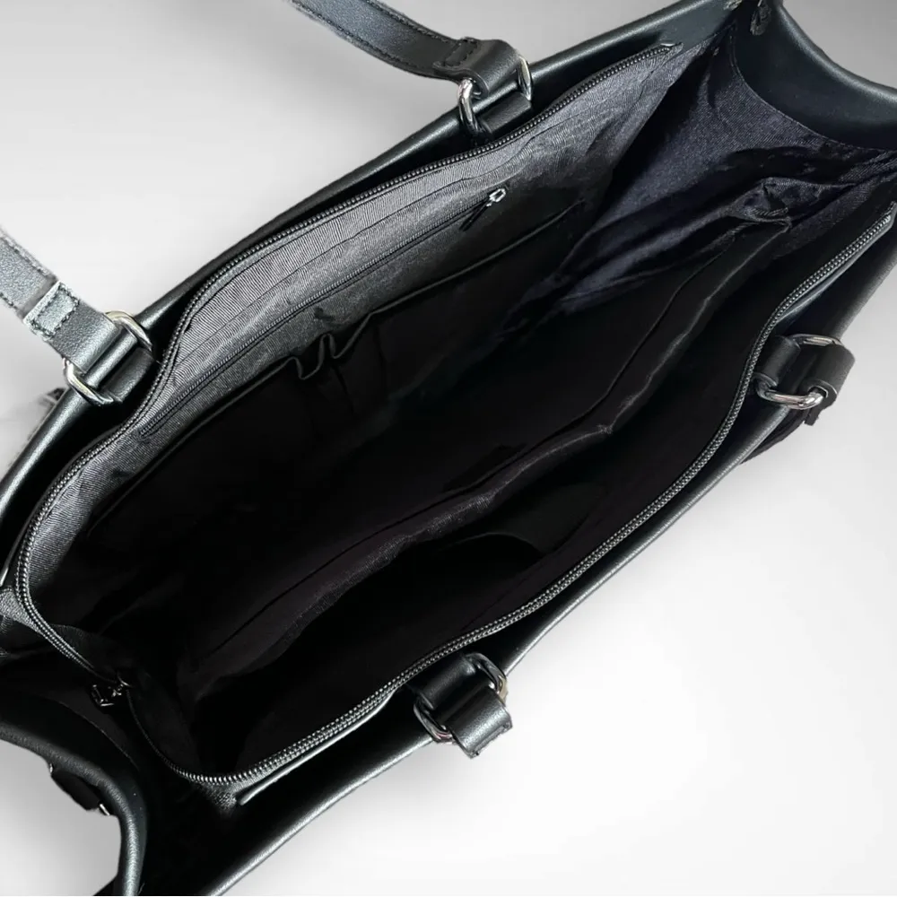 Large Black Vegan Leather Laptop Tote Bag With Detachable Shoulder Strap | EUC - Image 7