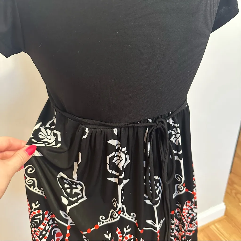 90s Roomates California Brand Babydoll Tie Back Patterned Tunic Top Black Size undefined - Image 4