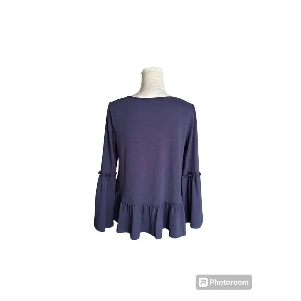 Simply Southern Navy Blue Bell Sleeve Size Small Ruffle Peplum Top Shirt Blouse - Image 2