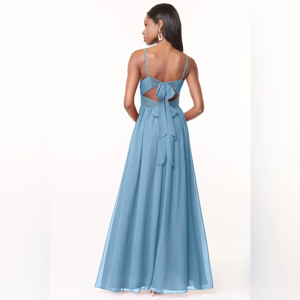 Azazie Zeya Agave Steel Blue V Neck Bridesmaid Dress - Image 3