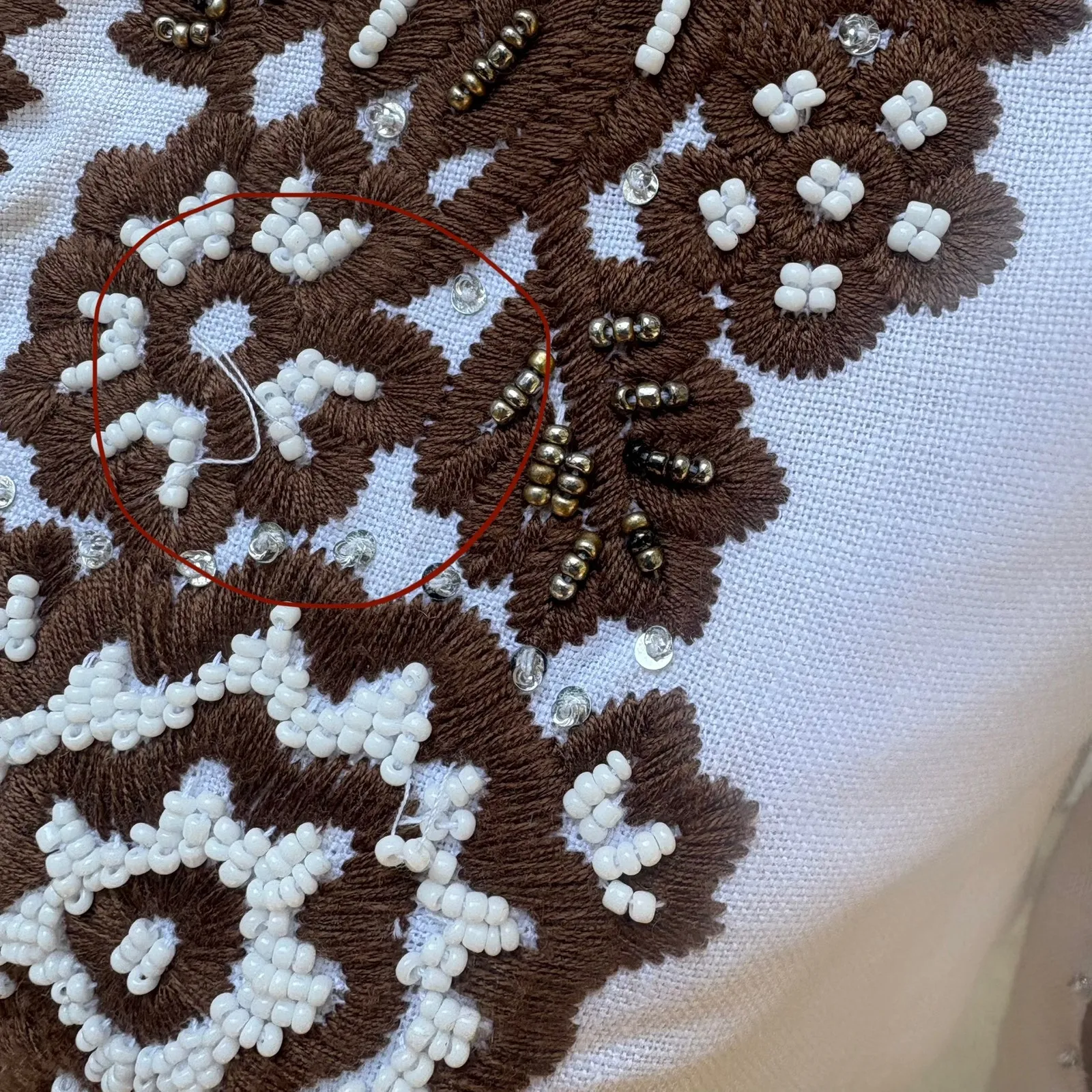 Tory Burch Beaded Mini Dress Tunic Sz 4 White Linen Brown Floral Embellished - Image 12